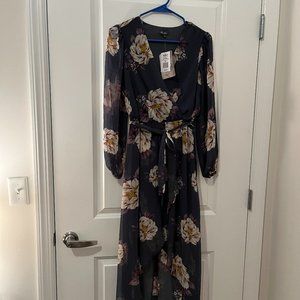 Long Sleeve Flowy Asymmetrical Length Subdued Dark Blue/Cream Floral Dress XS